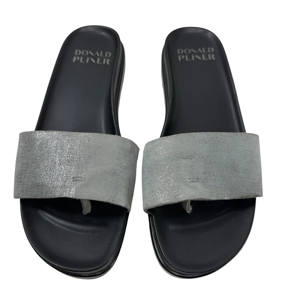 Sandalia Donald Pliner Cuña Deslizable Fifi Cuero Talla 6 Plateada Metálica Mujer Foto 2 de 4
