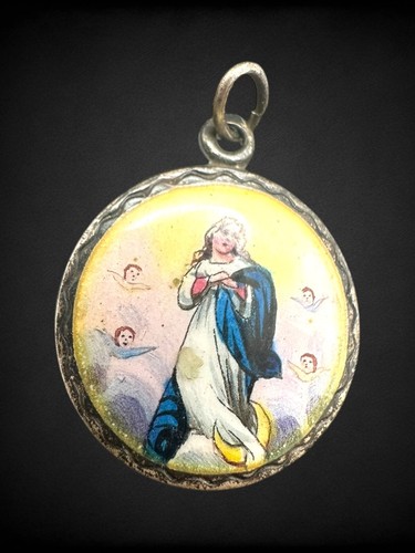Antique Handpainted Porcelain Sterling Immaculate Conception Cherub Pendant - Picture 2 of 6