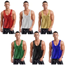Mens Undershirt Rave Top Glitter Vest Sequin Tank Tops Party Blouse Festival
