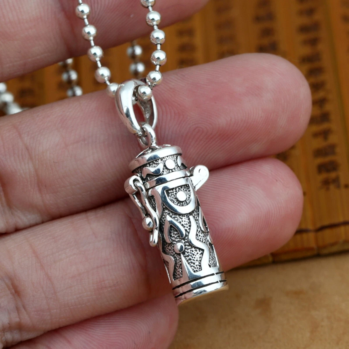 Solid 925 Sterling Silver Pendant Men Women Lucky Pattern Fire Box