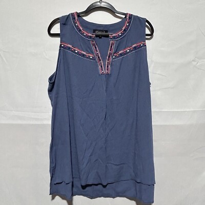 Whispers New York Women's Tank Top Boho Embroidered Split V-Neck Blouse Blue 1X