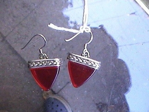 Earrings, Sterling silver red orange triangles 3/4 by 3/4 inch french style