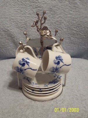 Michael Aram Blue Orchid Demitasse 4 Cups 4 Saucers & Stand New No Box