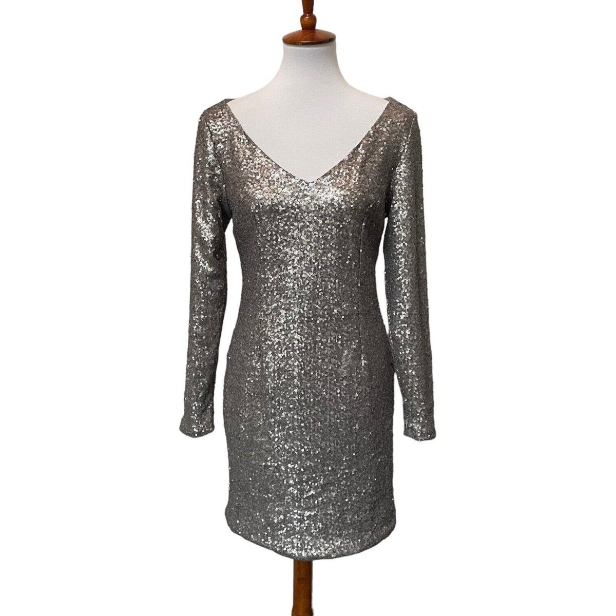 jay godfrey sequin dress JAY GODFREY Gray Sequin V Neck Long Sleeve Mini Party Wear Bodycon Dress  Size 6