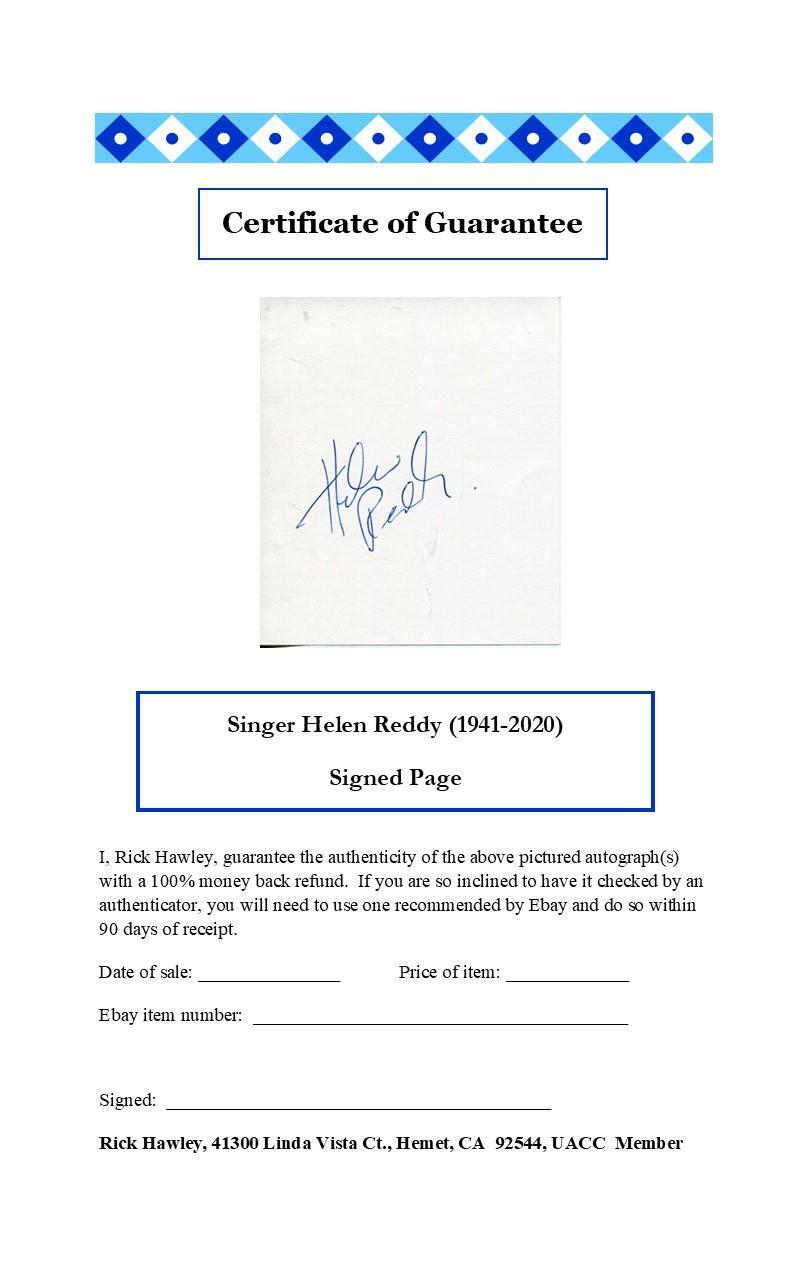 Helen Reddy Autograph I Am Woman Singer Signed Page | eBay