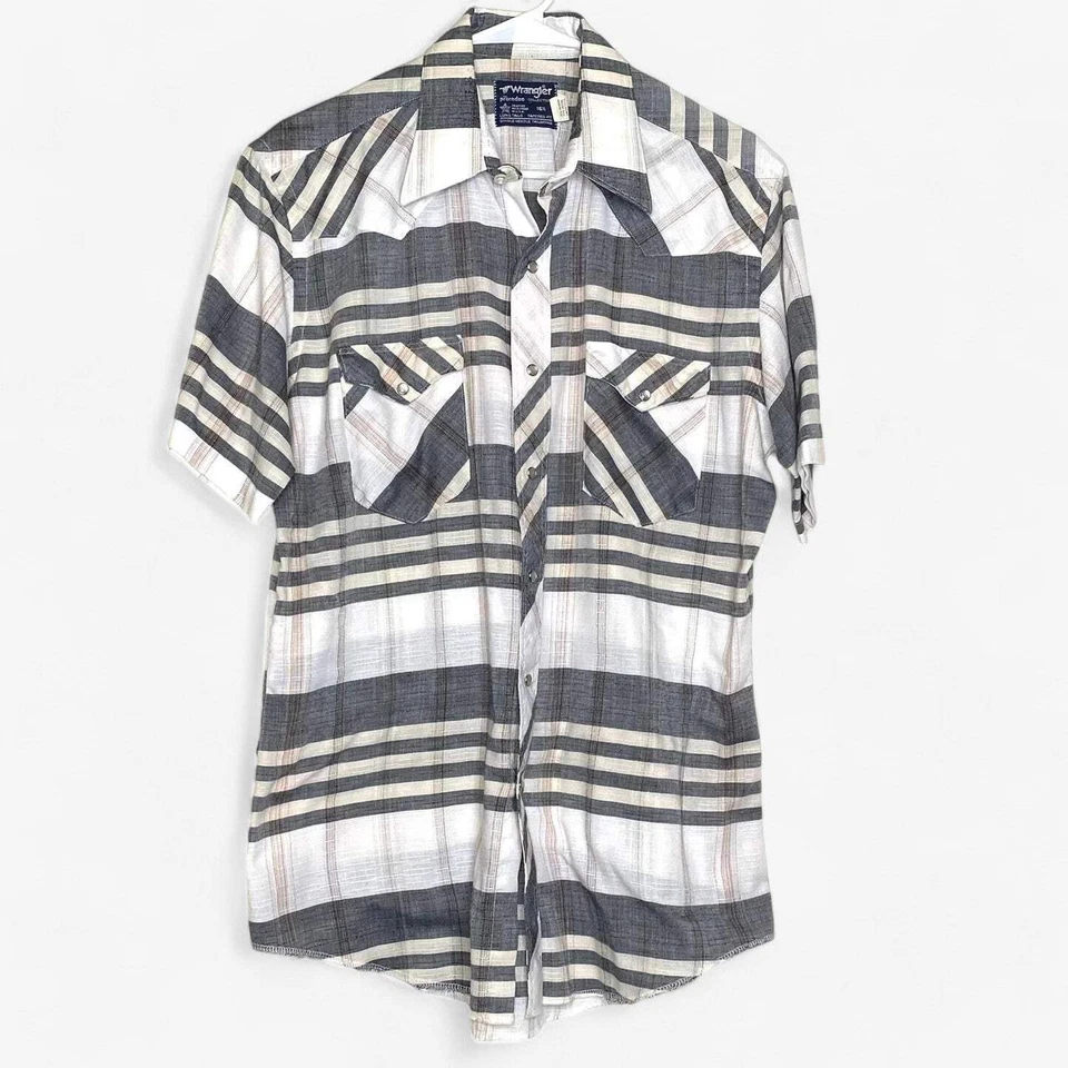 Camisa vaquera vintage Wrangler para hombre negra y beige a cuadros talla L perla corta a presión