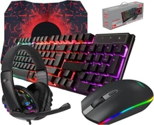 Wired Gaming Keyboard and Mouse Headset Combo Ear Headphone with Mic Mouse Pad