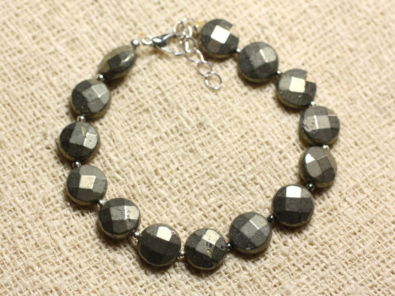 Bracelet argent 925 et pierre de pyrite véritable, bijoux minéraux palets facettés 10mm