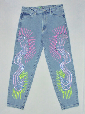 BEAUTIFUL GERMANIER HIGH WAISTED UPCYCLED CRYSTAL ABSTRACT PRINT JEANS FR 42