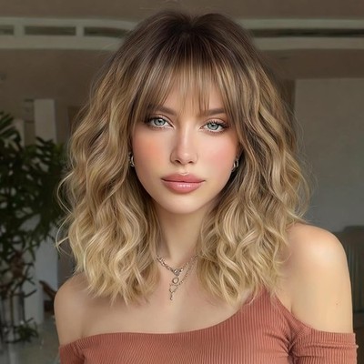 Lativ Blonde Wig With Bangs Short Wavy Curly Ombre Wig with Dark Roots Synthetic