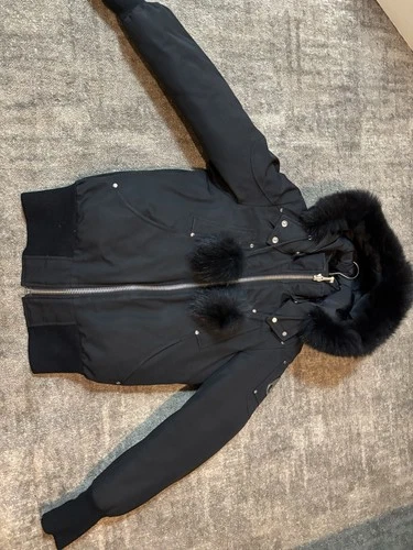 Moose Knuckles Men’s Black Down Filled Hooded Fur Trim Bomber Jacket Size S image 3