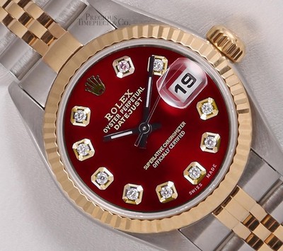 Rolex Lady Datejust 26mm Two-Tone Jubilee 18k Gold Fluted Custom Red Diamond