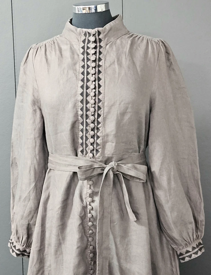 Zoe Kratzmann linen longsleeve dress embroidered waist tie pockets S-2 preloved  - image 2 of 4