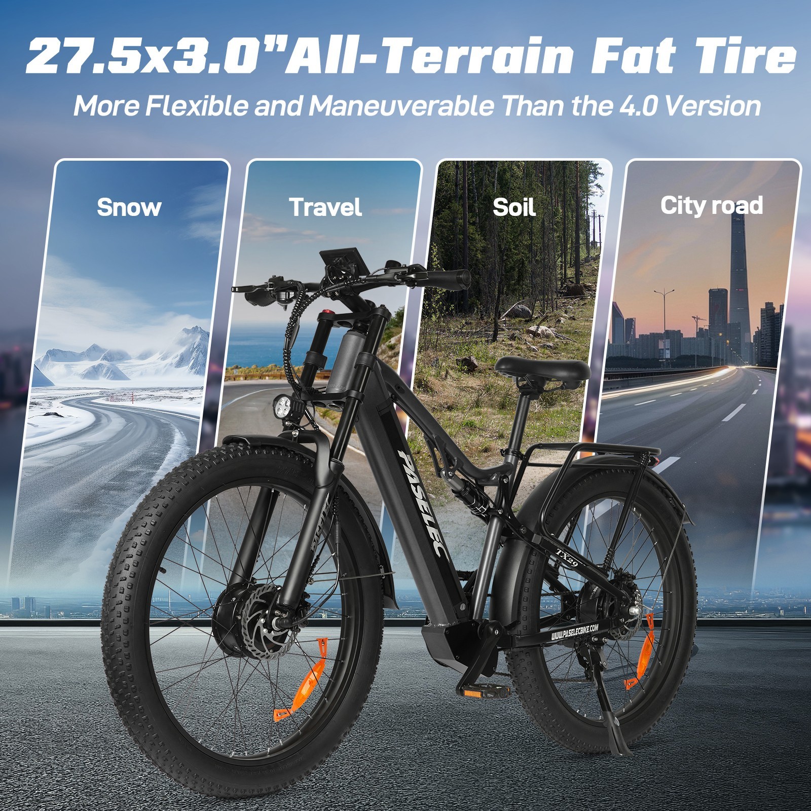 PASELEC TX29 27.5'' Electric Mountain Bike 3000W Peak 48V/19.2AH E Bike 7 Speed