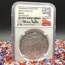 Burnished 2007 W $1 Silver Eagle NGC MS70 Mike Castle Signed Flag 1 of 544 Mint