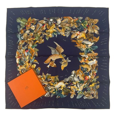 Hermes Scarf Stole L'intrus Navy Bird Animal Silk Bandana Woman