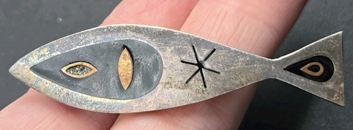 Vintage Taxco MCM Fish Sterling Silver Copper Onyx Inlay Brooch Mexico - Picture 7 of 9
