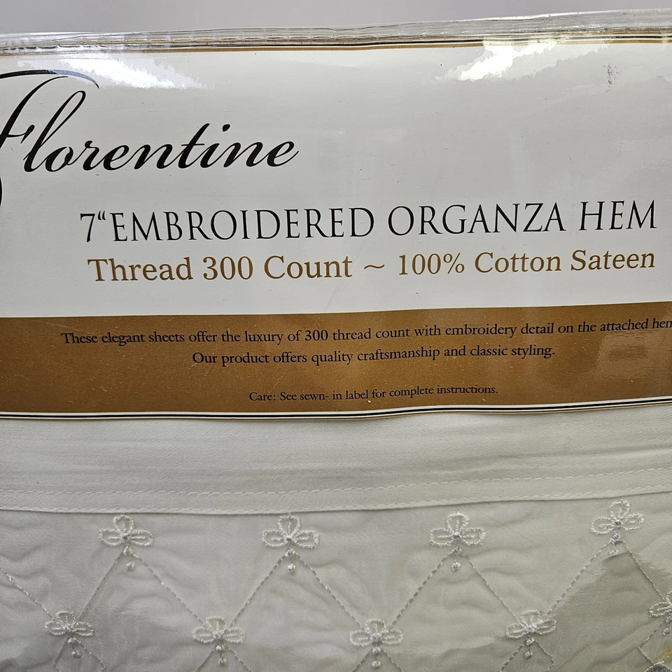 Juego de sábanas completo florentino con dobladillo de organza bordado de 7" algodón satén marfil Foto 2 de 4