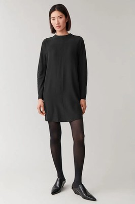 COS 100% Silk Women's Size 10 Black Long Sleeve Mini Dress Back Zip Minimalist