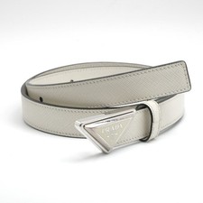 Prada PRADA Leather White Silver Triangle Logo Saffiano Belt