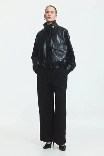 Annette Leather Jacket Women’s Black Cropped Oversized Genuine Leather Jacket image 7