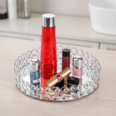Mirrored Crystal Vanity Tray 10 Inch Jewelry Makeup Organizer Silver