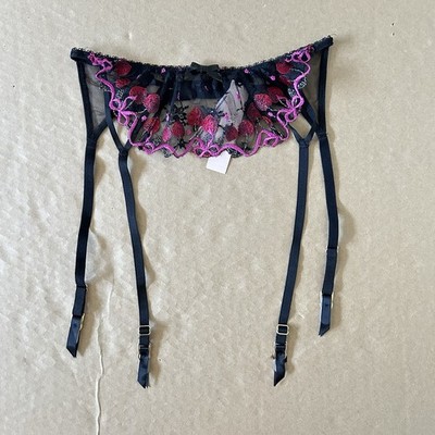 Victoria's Secret Cherry Pop Embroidery Garter Belt Sheer Mesh Lingerie Small XS
