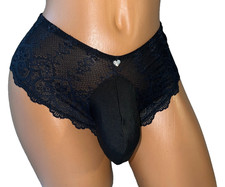 BLACK LACE CHEEKY SISSY POUCH PANTIES CROSSDRESS MEN TRANS FEM 30-42 L