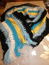 Echarpe Etole FAIT MAIN Femme VINTAGE LAINE FRANGES Noire Bleue Blanche L 185cm