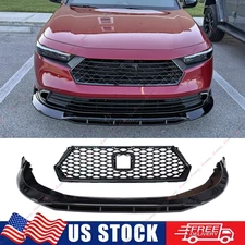 For 2023-25 Honda Accord Gloss Black Front Lip Spoiler + Honeycomb Bumper Grille