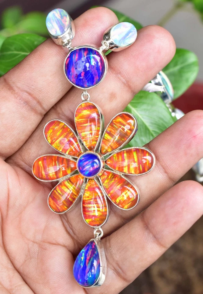 200 KT Laboratrio Fuoco Opale 925 Argento Sterling Collane Ciondolo Splendido Da - Immagine 3 di 4