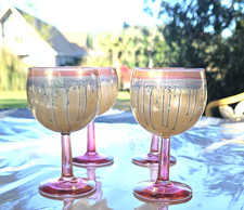 Rueven Nouveau Art Glass Set Of Four Wine Glass Goblets Stemmed Pastels 4 3/4"