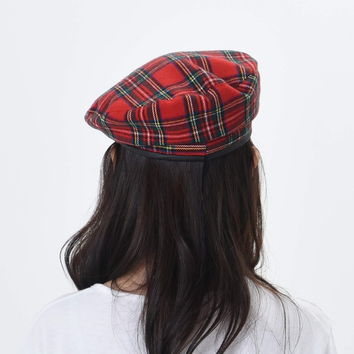 WITHMOONS Wool Beret Hat Tartan Check Leather Sweatband 