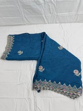 Teal Blue Silk Embroidered Shawl Scarf Wrap Dupatta Scalloped Zari 32"x84" New