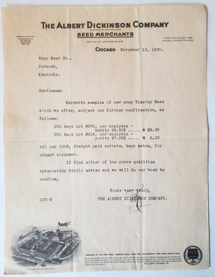 1930 Letter, The Albert Dickinson Company Seed Merchants, Chicago, To Paducah KY