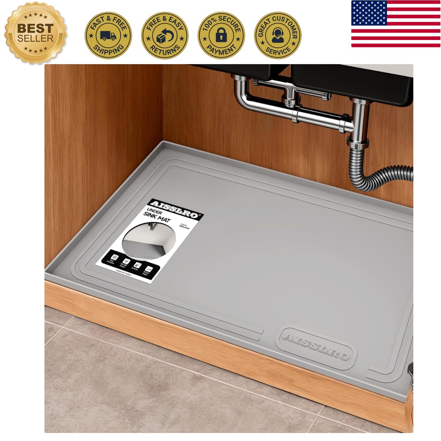 Custom Fit 22" x 19" Silicone Under Sink Mat - Waterproof & Easy Clean, Gray