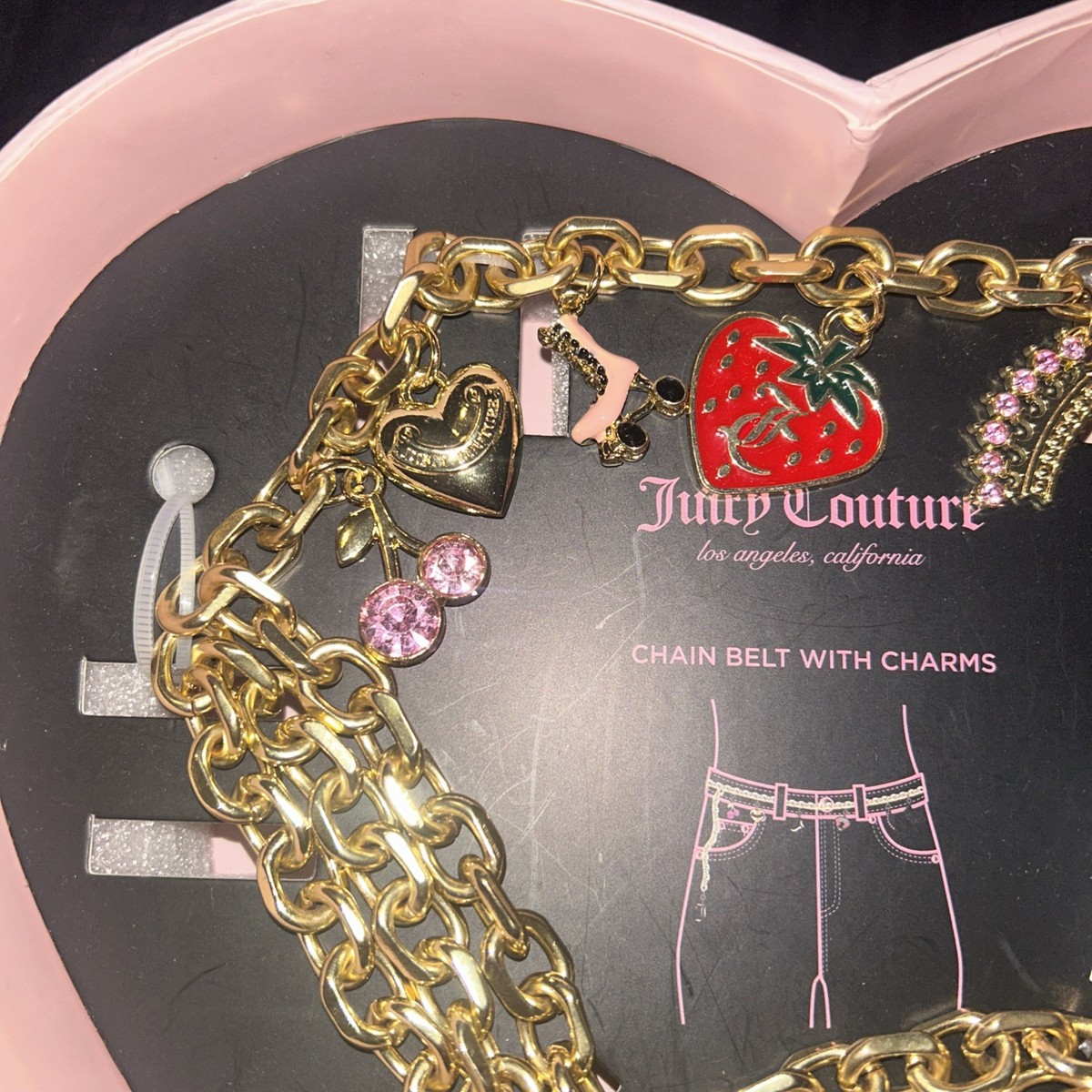 Juicy Couture Gold Chain Belt with Charms Heart Cherry Strawberry Crown SIZE S/M Juicy Couture Gold Chain Belt with Charms Medium/Large - www  main image 3