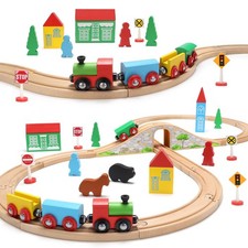 Wooden Train Set for Toddler with Double-Side Train Tracks Fits Brio, Thomas, Me
