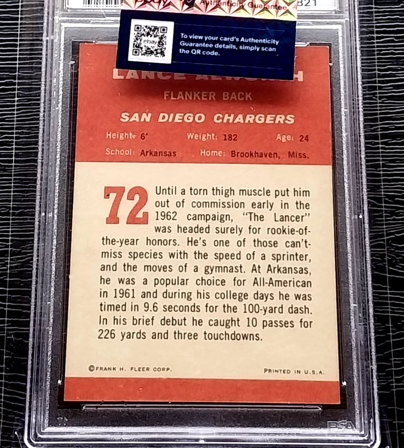 1963 FLEER LANCE ALWORTH ROOKIE FOOTBALL CARD #72 ***NO CREASES*** PSA 4 VGEX - Image 4 of 4