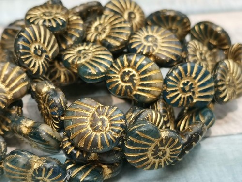 5 Czech glass shell ammonite snail beads - greyish blue & gold - 17 x 13 mm - Picture 2 of 6