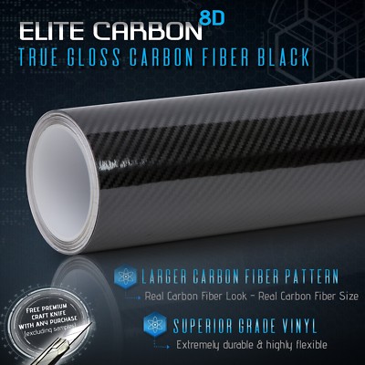 8D Gloss Black Carbon Fiber Big Pattern Vinyl Wrap Bubble Free Air 60'' x 60'' In