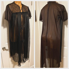 VTG 50's SEAMPRUFE LINGERIE BLACK CRYSTAL PLEAT CHIFFON  LACE ROBE PIN-UP SZ 32
