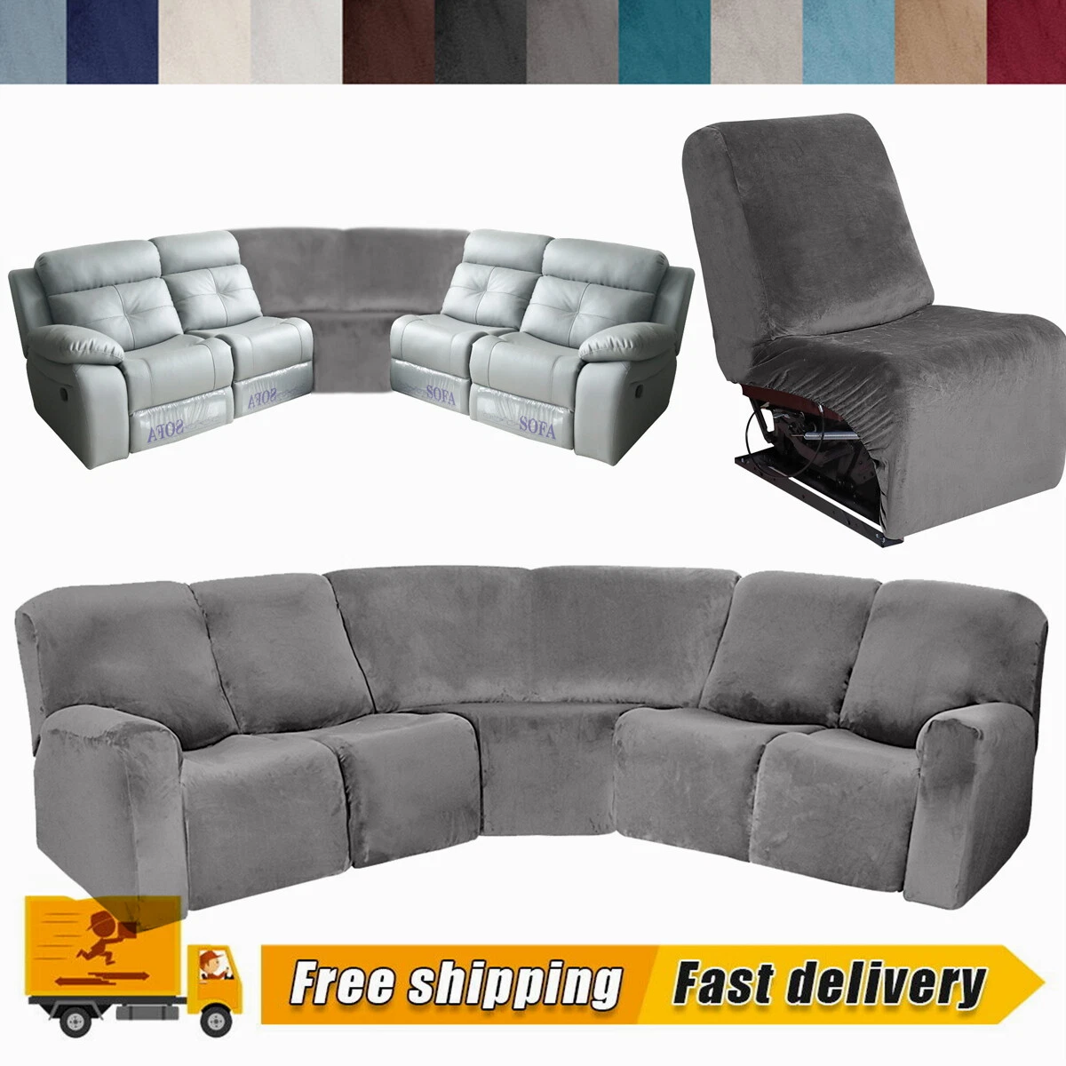 5 Seater L Shape Sectional Recliner Sofa Velvet Stretch Reclining Couch Covers
