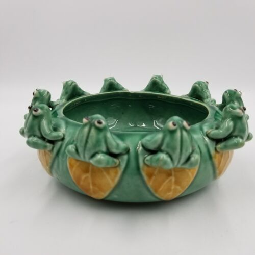 Vintage raro 10 bonsai di maiolica rana ceramica giglio pad fioriera 8 x 2,5 senza foro - Foto 4 di 9