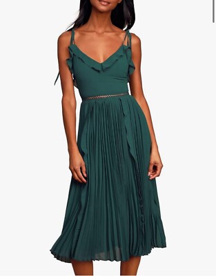 Lulus Never a Dull Moment Emerald Green Tie-Strap Pleated Midi Dress Size Small
