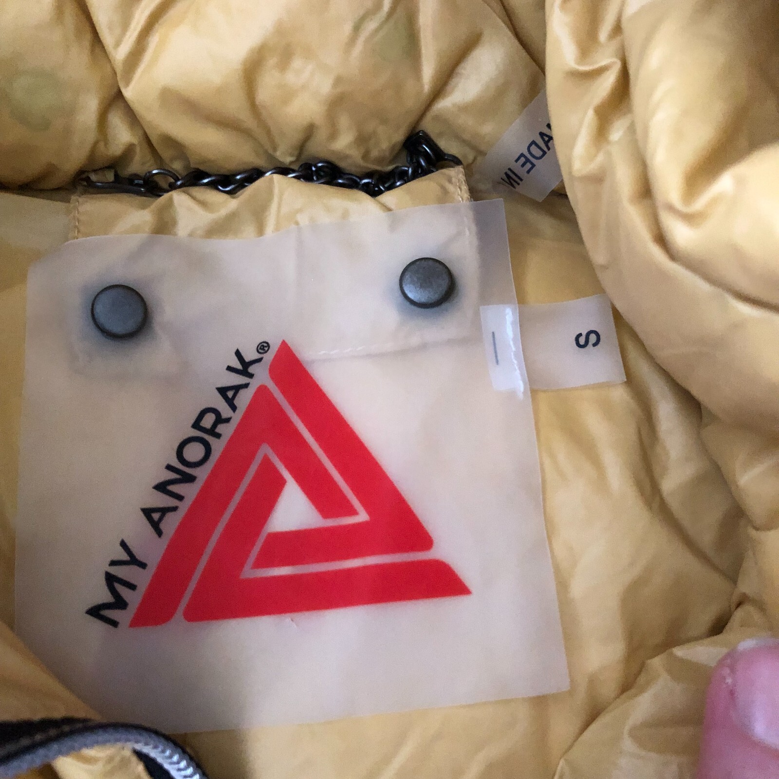 My Anorak Nylon Down Vest 50172CAM Sz S Mustard Yellow Nylon Puffer Hooded