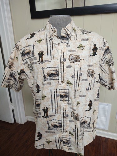 Puritan Mens Button Up Shirt Large Cream Fishing Print Front Pocket Short Sleeve