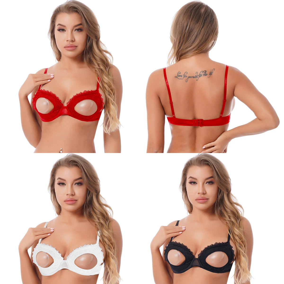 Women's Open Cups Bra Top Lace Spaghtti Strap Hollow Out