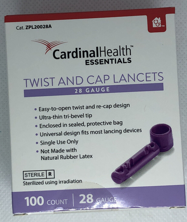 CARDINAL HEALTH ESSENTIALS™ Twist and Cap Lancets 28G Purple 100 COUNT Sealed
