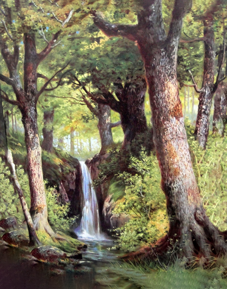 絵画 Mountain waterfall Amazon.com: JZSDGB Sunset Mountain Waterfall Canvas